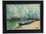 framed oil painting of boats docked on the shore of a harbor