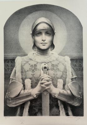 an old picture of a woman in armor holding a sword