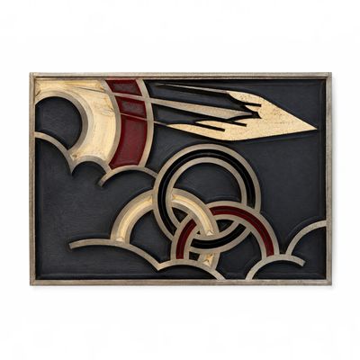 reproduction encadrée d'une peinture abstraite noire et dorée, ornée d'une flèche rouge et blanche