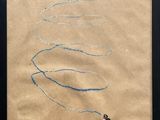 painting of two people on skis with a blue line drawn on the ground