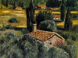 une peinture d'un paysage avec des arbres et une maison au loin