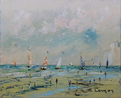 painting of a beach scene with sailboats and people on the sand