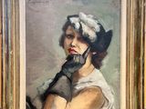 a painting of a woman in a white dress and black gloves