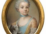 portrait of a young girl with a dog in a gold frame