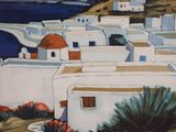 a painting of a view of a town from a hill