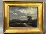 une peinture à l'huile représentant un paysage avec une route au premier plan