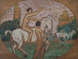 painting of a man riding a horse with a woman on the back