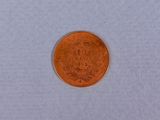 a close up of a penny on a white surface with a white background