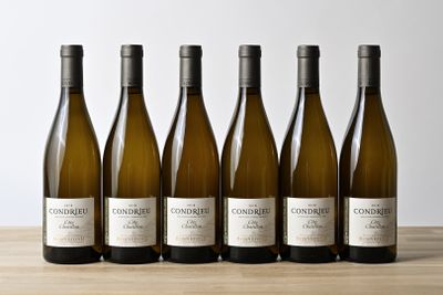 six bottles of white wine lined up on a wooden table