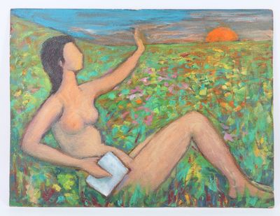 tableau représentant une femme en train de lire un livre dans un champ de fleurs