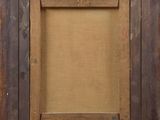 a painting of an old wooden frame with a label on it