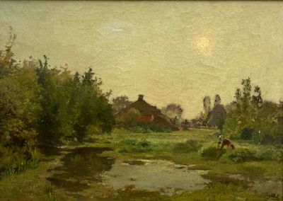 tableau représentant un homme à cheval dans un champ au bord d'une rivière
