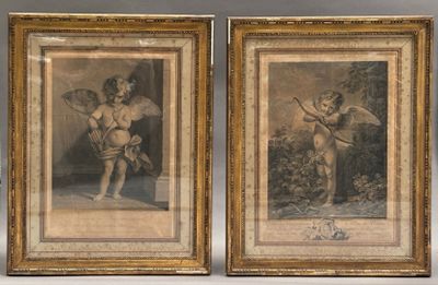 paire de gravures anciennes représentant des chérubins et des anges, dans des cadres dorés