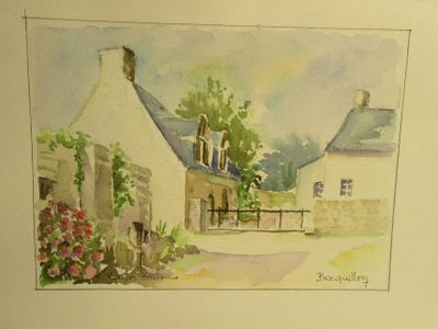 une aquarelle représentant une maison avec un chien devant