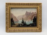 une image représentant un tableau représentant un paysage de montagne avec un lac au premier plan