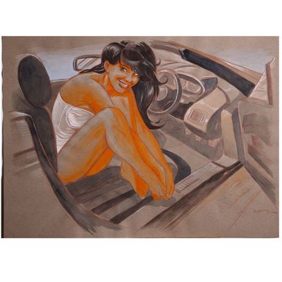 tableau représentant une femme assise dans une voiture de sport, la main posée sur la tête
