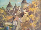 an oil painting of a village with a church in the background