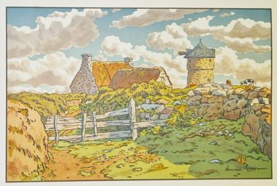une photo d'un tableau représentant une ferme avec une clôture