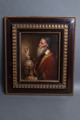 an old painting of a man holding a globe in his hand