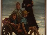 a painting of three women and two children sitting on a wagon
