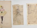 five drawings on the wall of a room, one of which is a woman in a dress and the other of which is a woman in a dress