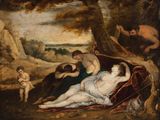 an image of a painting of a woman laying on the ground with other people