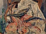 une peinture représentant des poissons sur une table recouverte d'une nappe