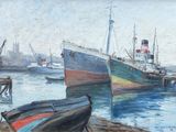 a painting of a boat in the water next to other boats