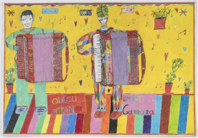 painting of two men playing accordions in a brightly colored room