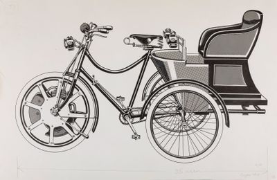 a black and white drawing of a bicycle with a carriage