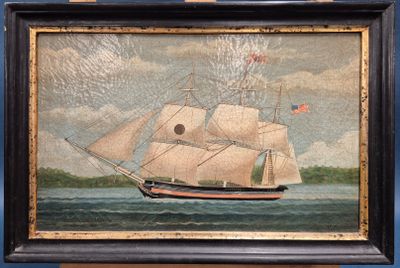 tableau représentant un voilier sur l'eau, arborant un drapeau