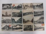 several old black and white photographs of a train station and buildings