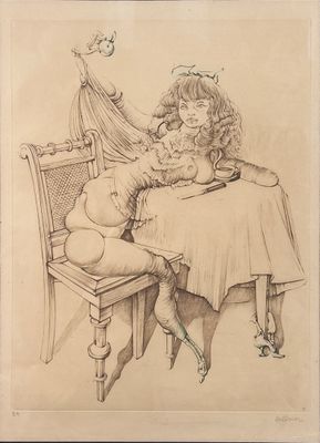 drawing of a woman sitting at a table with a child and a cat