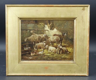 une image représentant un tableau montrant des moutons et des agneaux dans une grange