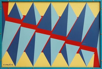 peinture abstraite représentant des triangles bleus, jaunes et rouges sur un cadre bleu