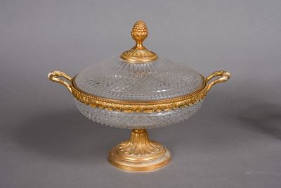pair of gold and crystal covered dishes on pedestals
