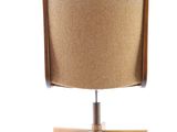 an image of a chair with a wooden base and a tan fabric seat