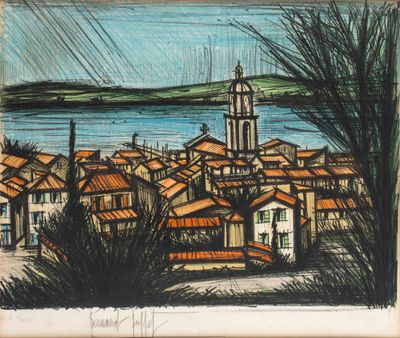 an image of a drawing of a town by the water
