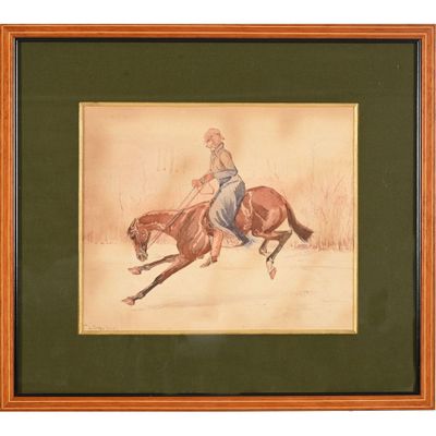 tableau représentant une femme à cheval dans la neige