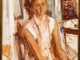 an oil painting of a woman sitting in a chair in a room