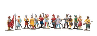 many figurines of different types of people on a white background
