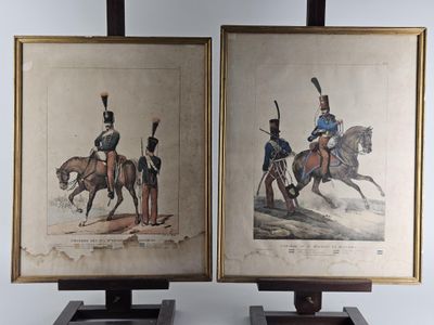 pair of antique prints of soldiers on horseback and on horseback