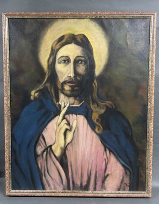 un tableau représentant Jésus les mains levées devant son visage