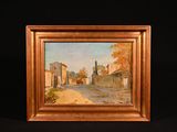 peinture à l'huile d'une scène de rue avec des bâtiments et des arbres