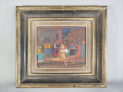 une peinture à l'huile représentant un groupe de personnes debout dans une pièce