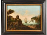 an oil painting of a landscape with a boat in the water