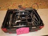 a black tool box with a red handle and a black handle