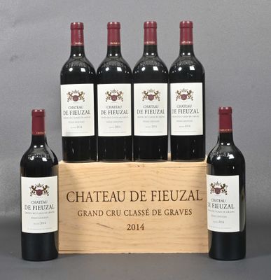 six bottles of red wine in a wooden crate on a table