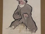 tableau représentant un vieil homme, muni d'une canne et coiffé d'un chapeau, assis sur un rocher