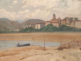 a painting of a small boat on the shore of a lake